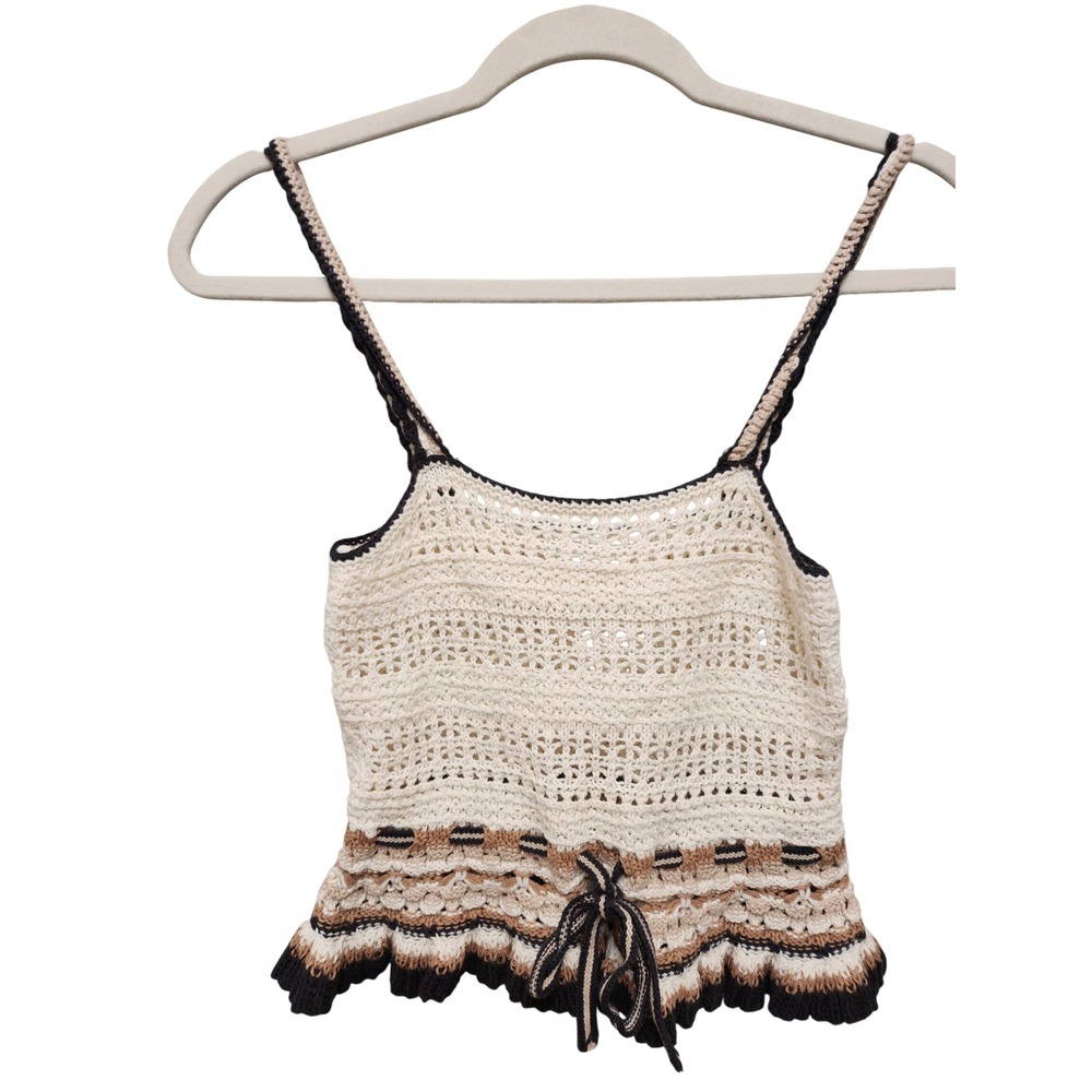 Boho American Eagle Crochet Cami Top Small Cream Tan‎ Black Boho Scalloped hem
